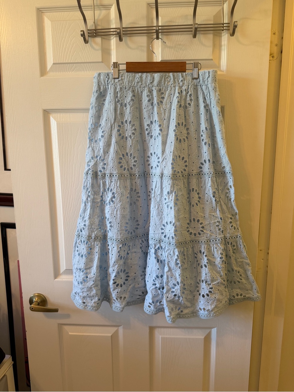 Ultra Pink Light Blue Eyelet Tiered Midi Skirt
